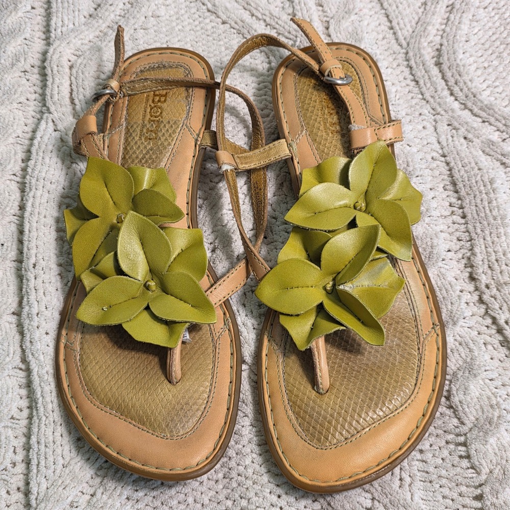 Born Floral Thong Sandals Lime Green Leather 3D Flower T-Strap Womens 8